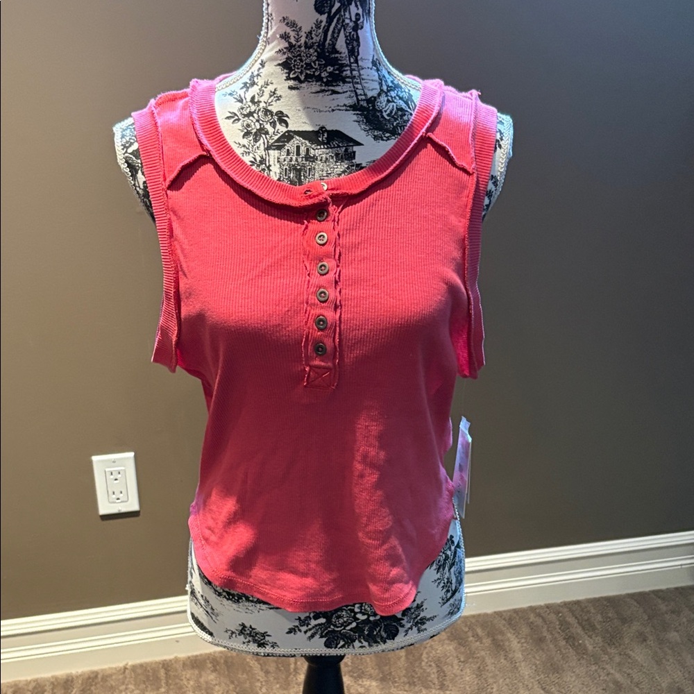 Women's Pink Ribbed Henley Tank Top - Wild Skye